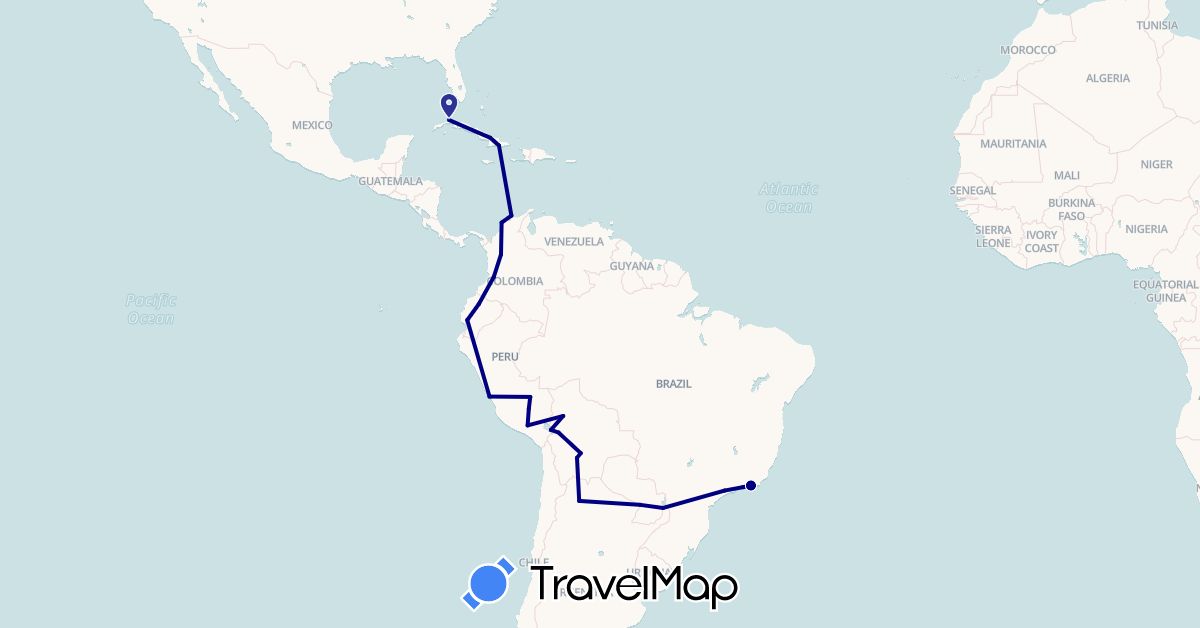 TravelMap itinerary: driving in Argentina, Bolivia, Brazil, Colombia, Cuba, Ecuador, Peru, Paraguay (North America, South America)